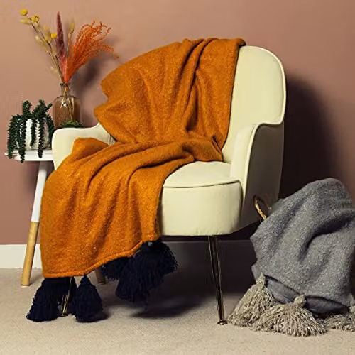 Furn Romily Pom-Pom Throw in Gold and Blue, W/D/H: 130 x 180 cm – 2