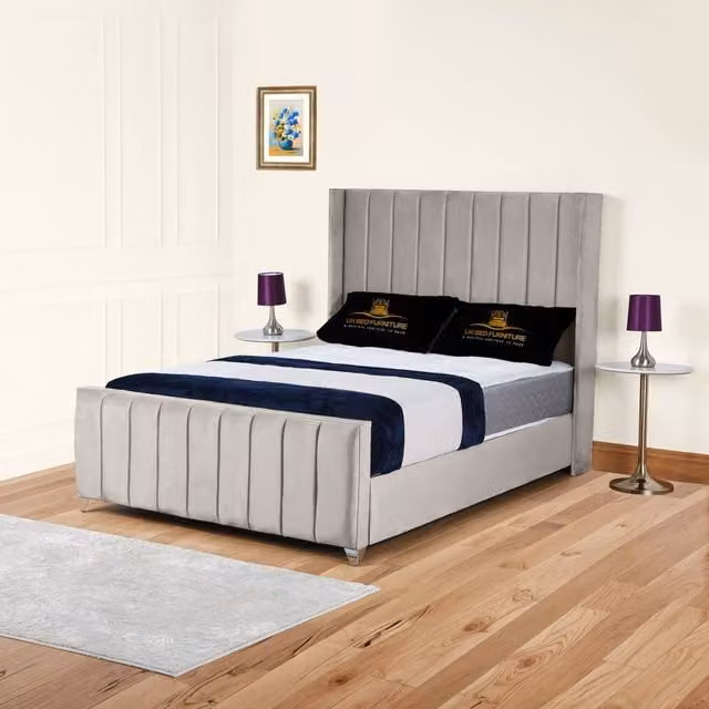 UK Bed Furniture Empire Winged Gas Lift Ottoman Upholstered Bed in Light Beige, Size: Double (140 x 200 cm)