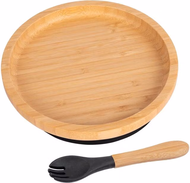 Tiny Dining Bamboo Round Baby Weaning Suction Bowl and Fork Set in Black and Brown