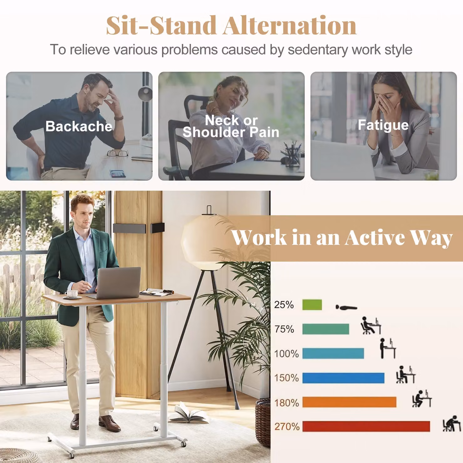 Costway C-Shaped Mobile Standing Desk with Adjustable Height and Castors in Beige – 4