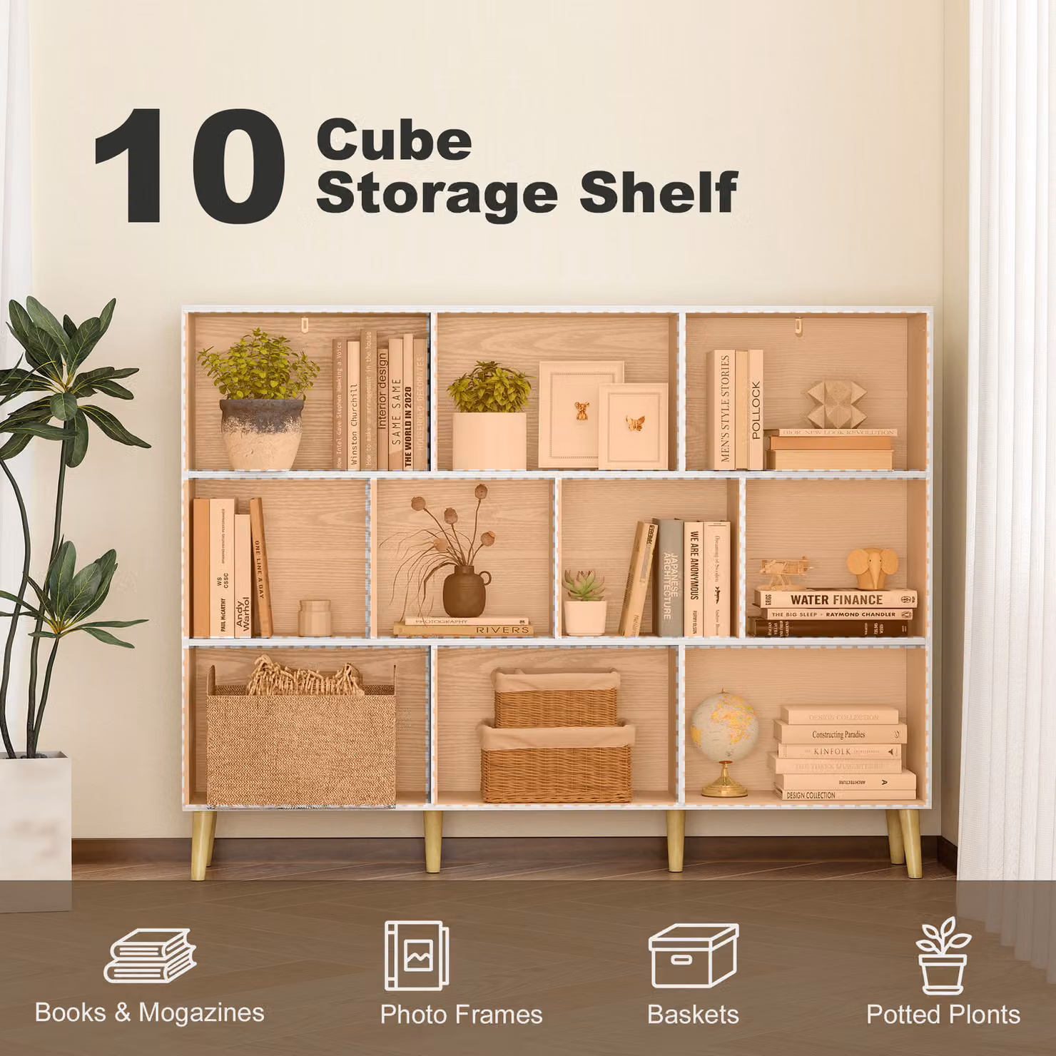 HOMCOM 10-Cube Modern 3-Tier Bookcase with Solid Wood Legs in White – 2