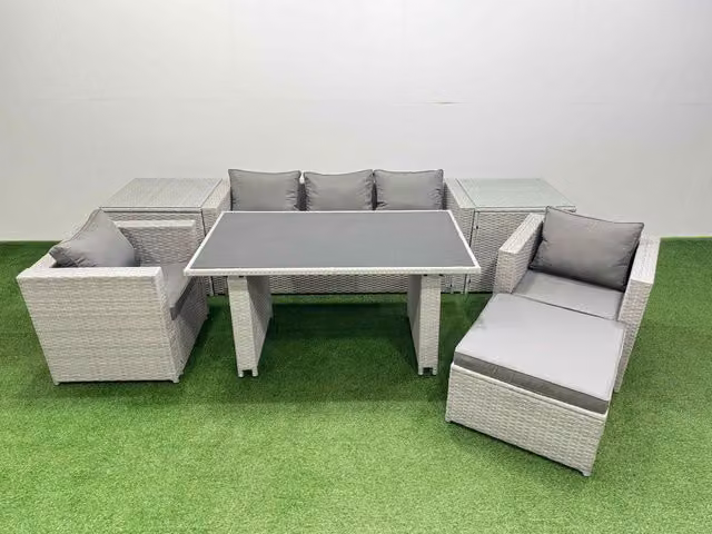 Fimous Patio Garden Furniture Set with Dining Table, 2 Side Tables and Large Stool in Light Grey