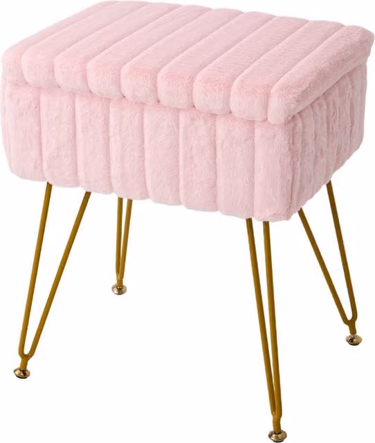 Livingandhome Modern Pink Teddy Fabric Rectangular Storage Ottoman with Gold Metal Frame