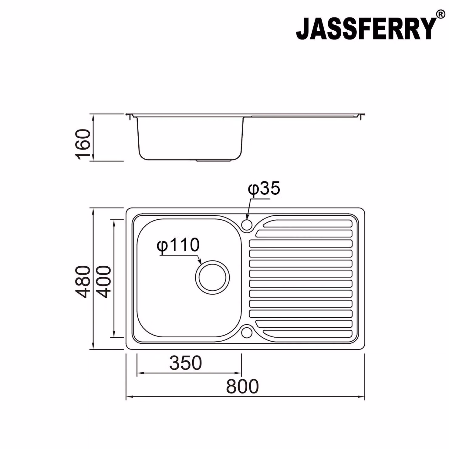 JASSFERRY Reversible Stainless Steel Inset Kitchen Sink in Silver, W: 80.0 cm, D: 48.0 cm, H: 16.0 cm – 2
