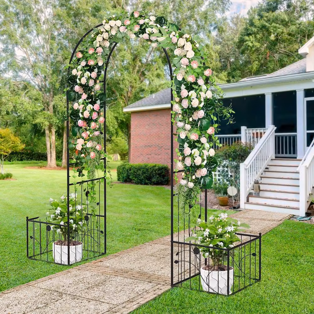 Gymax Metal Garden Arbor Arch Trellis with Planter Boxes in Black, Height: 217 cm – 5