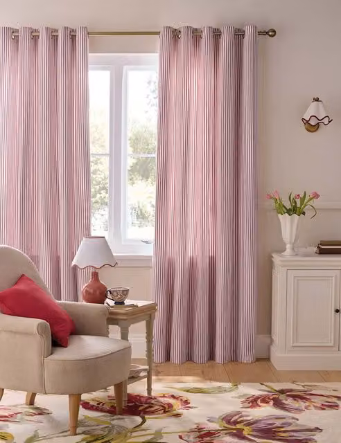 Laura Ashley Cornish Red Mix Striped Chenille Cotton Eyelet Curtains H: 168 cm, W: 137 cm