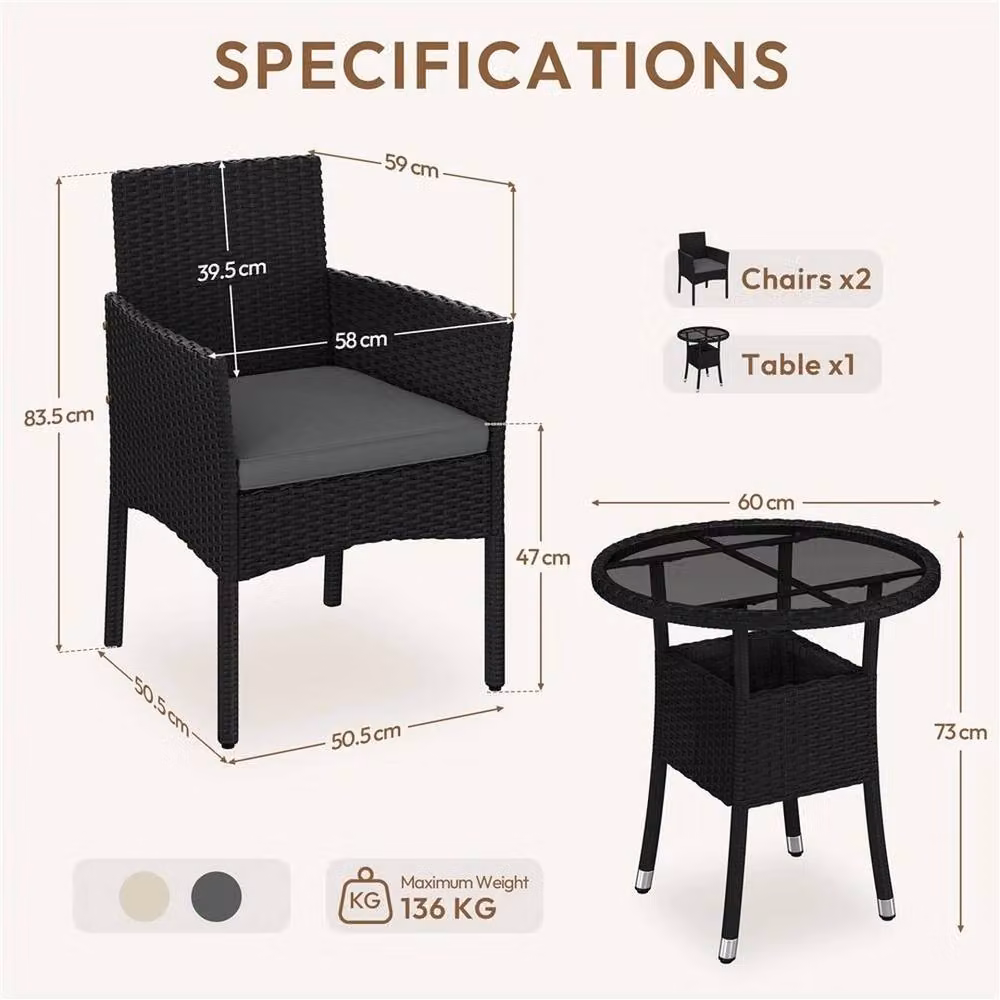 Kelvenix 3-Piece Modern Rattan Garden Furniture Set in Black and Grey – 2