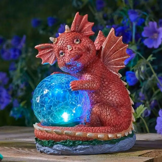 Marco Paul Solar LED Dragon Ornament with Crackle Ball in Red, Height: 70 cm