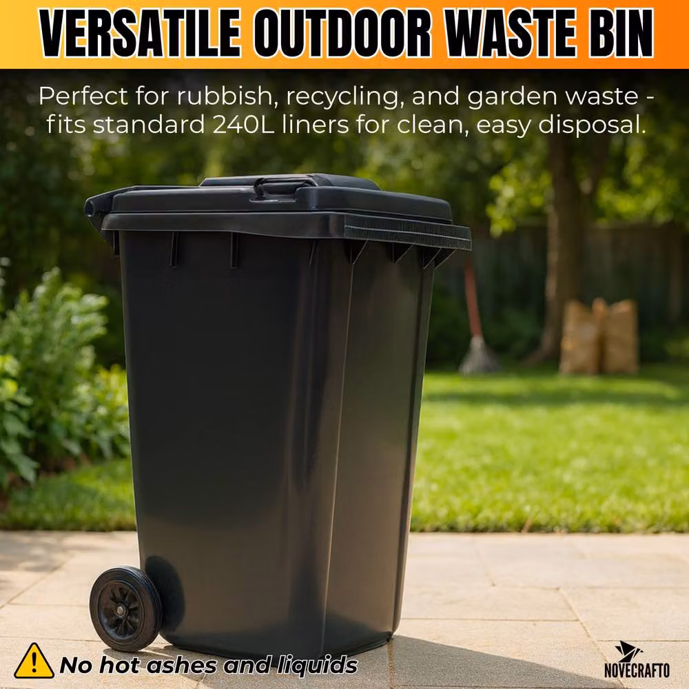 Novecrafto 240L Heavy-Duty Plastic Wheelie Bin with Flip Lid, Black – 8