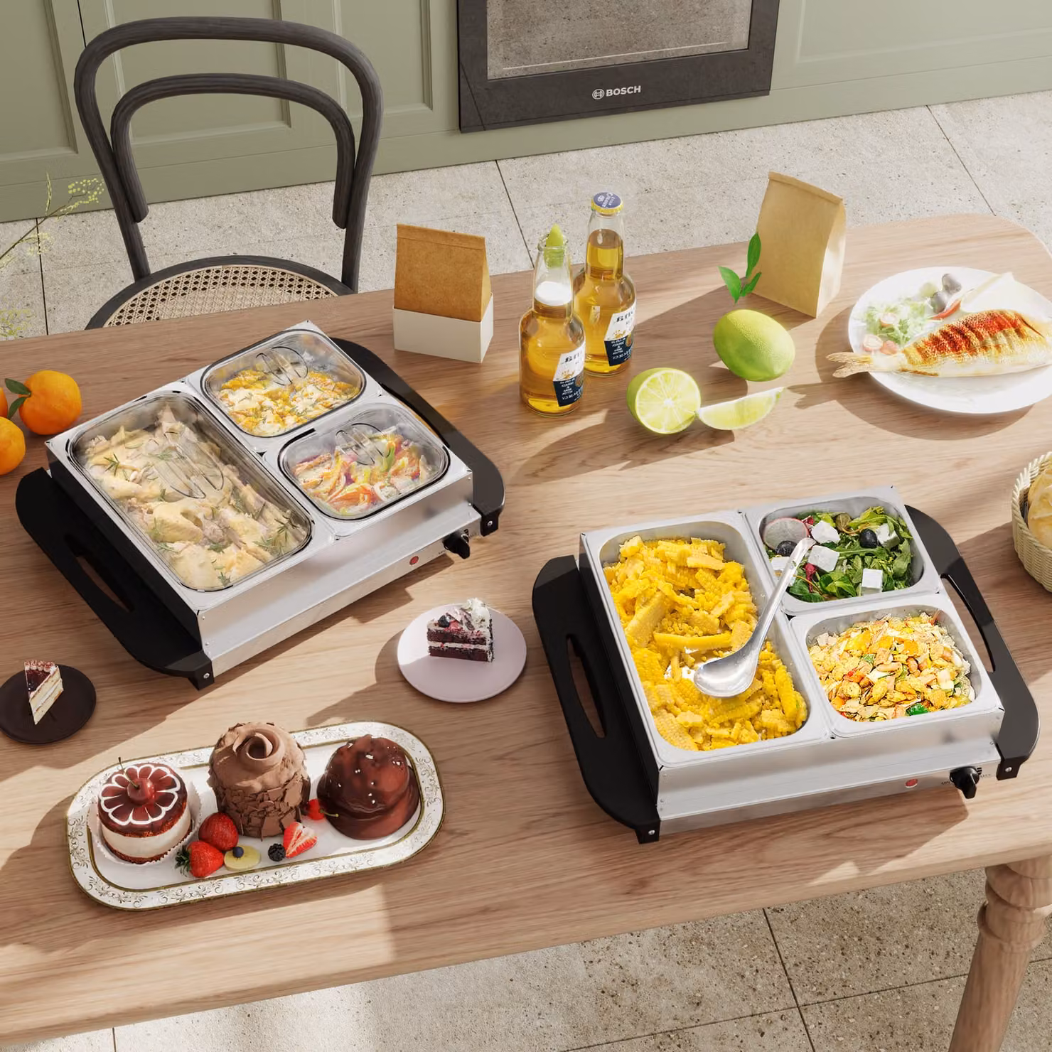 HOMCOM Set of 2 Silver Stainless Steel Electric Buffet Servers with 3 Trays and Lids, 4.5L Capacity – 2