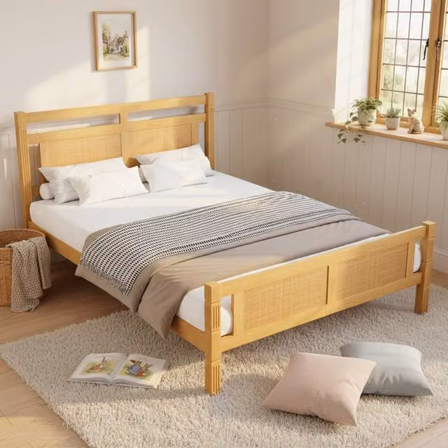 BTM Single Modern Wooden Bed with Rattan Paper Finish in Sand and Beige – 1