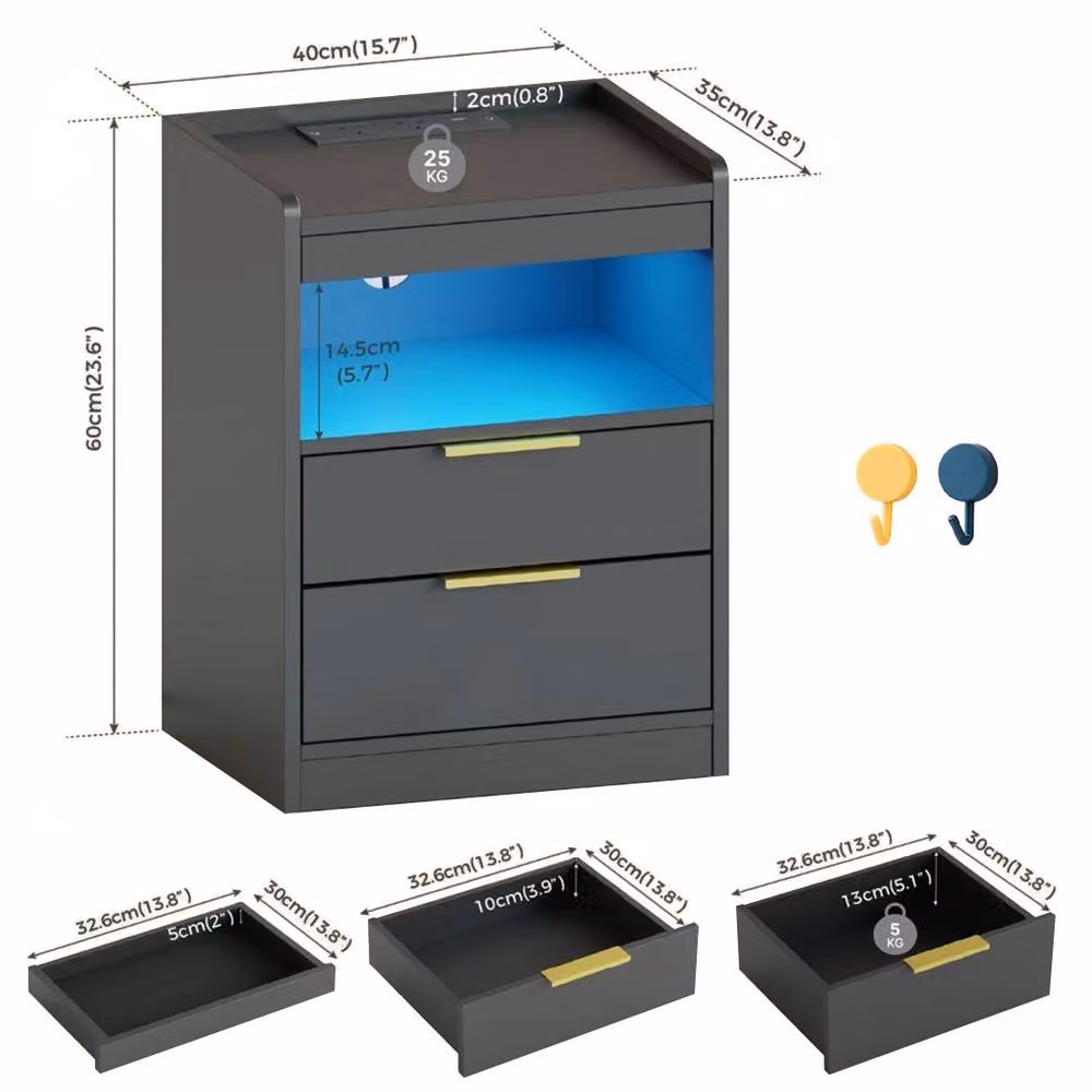 Ventryn Mondeer Black LED Bedside Table with Hidden Drawer and Integrated Lighting – 2