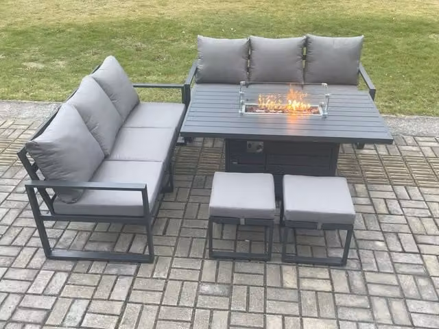 Fimous 8 Seater Outdoor Garden Furniture Set with Gas Fire Pit Dining Table and 2 Footstools in Anthracite Grey Powder Coated Aluminium