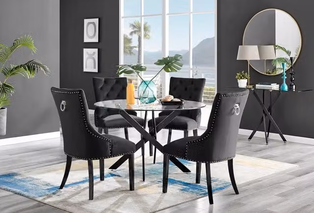 FurnitureboxUK Novara Square Glass Dining Table with 4 Belgravia Velvet Chairs in Black and Grey