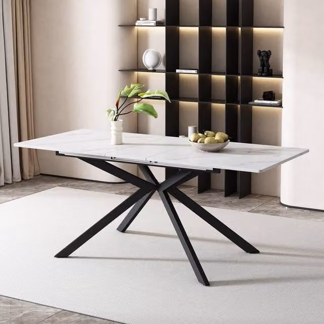 BTM Modern Rectangular Extendable Dining Table in White Marble with Synchronised Pull-Out, W/D/H: 150 x 60 x 75.5 cm (Extends to 180 cm) – 1