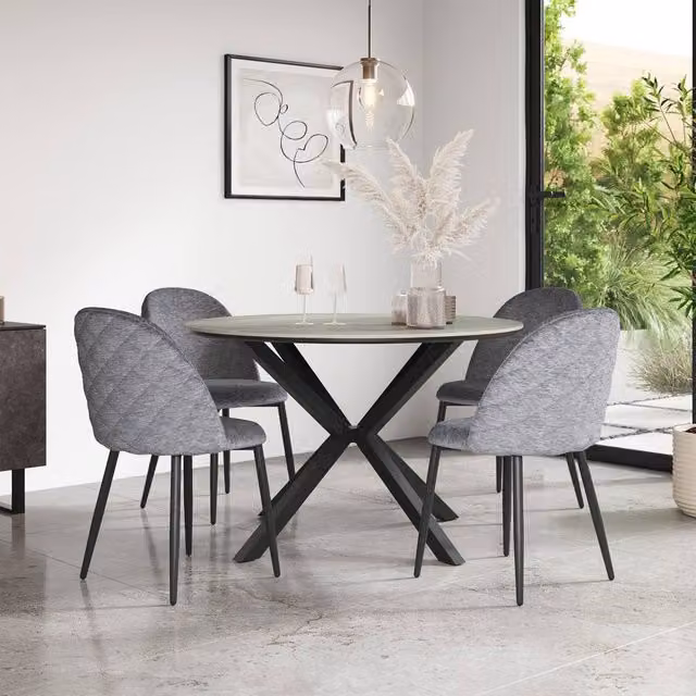 More4Homes Calne Round Ceramic Dining Table and 4 Raye Velvet Chairs in Grey and Black, Diameter: 120 cm, Height: 75 cm – 1