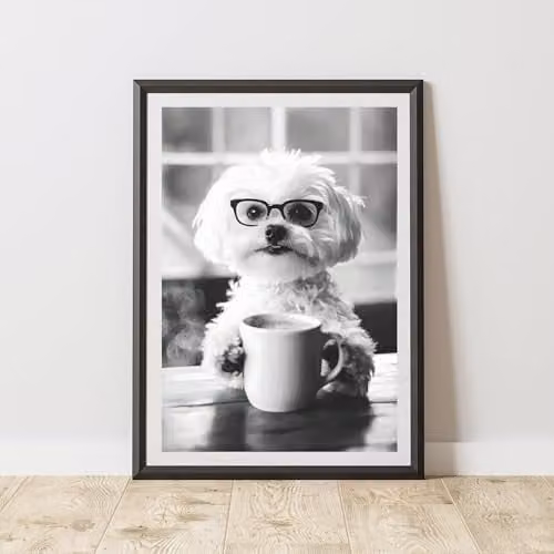 60 Second Makeover Funny Maltese Drinking Coffee Illustration Paper Poster, Multicolour, A4