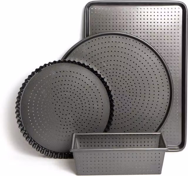 MasterClass 4-Piece Non-Stick Bakeware Set in Black, including Quiche Tin, Pizza Crisper, Loaf Pan and Tray