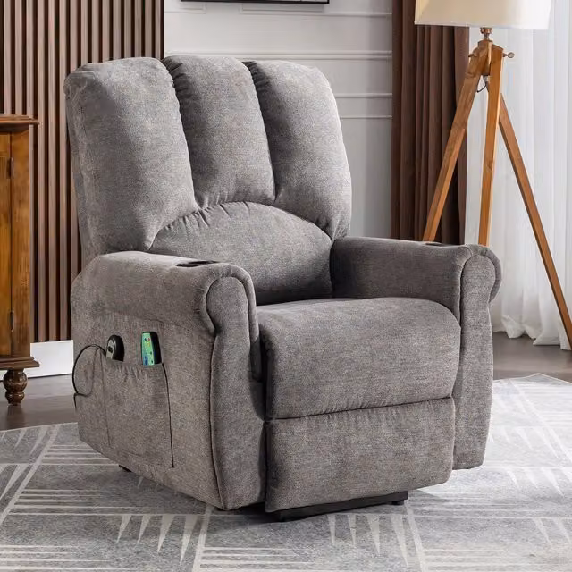 Aosom UK Electric Power Lift Recliner Chair with Single Motor, Heated Massage, Stand Assist, Storage Pockets and Cup Holders, Grey, H 108 x W 91 x D 90 cm