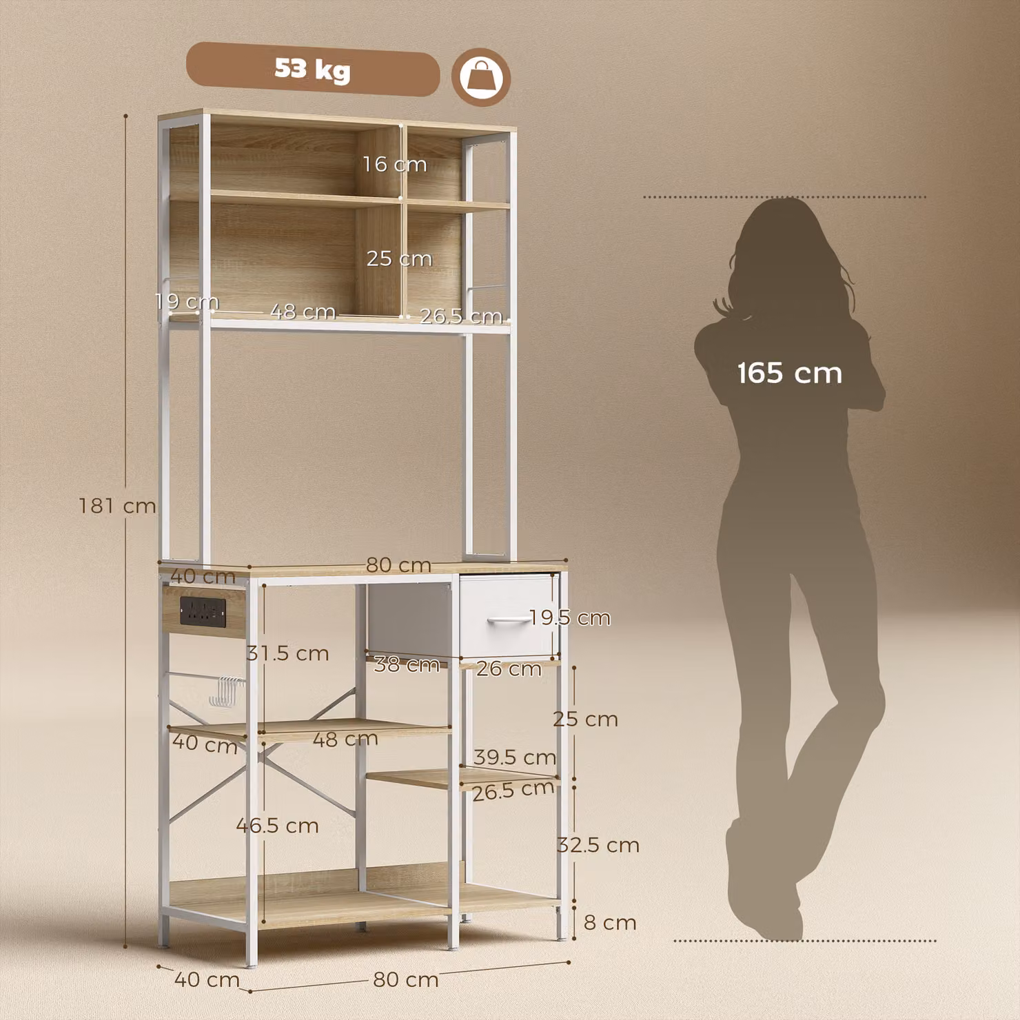 HOMCOM Kitchen Baker's Rack and Microwave Stand with Storage Shelves and 6 Hooks, White – 3