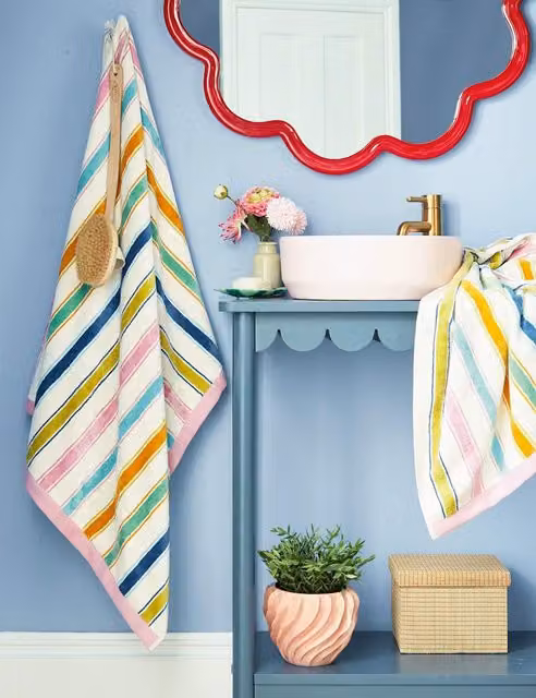 LAND & SHORE Striped Pure Cotton Terry Velour Towel in Blue and Multicolour
