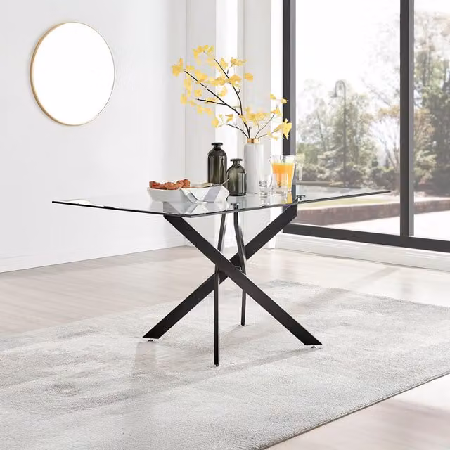 FurnitureboxUK Leonardo 6-Seater Rectangular Glass and Metal Starburst Dining Table in Black and Transparent – 1