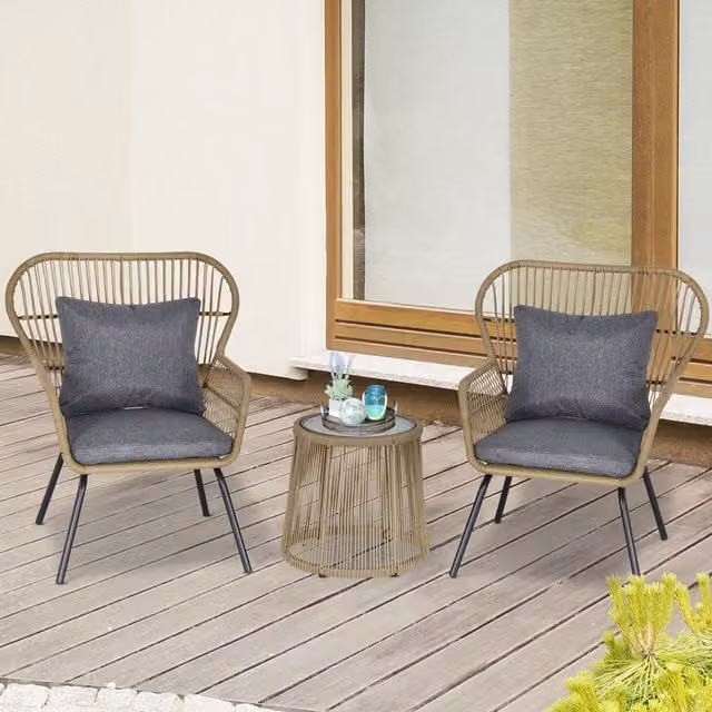 Outsunny 3 Piece Webbed Rattan Outdoor Dining Set with Round Glass Table and Chairs in Brown and Grey