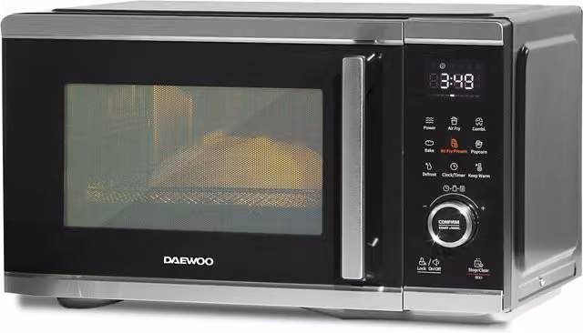 Daewoo 26L Air Fryer Microwave Combi with 900W Power and 10 Power Levels in Metallic Silver and Black