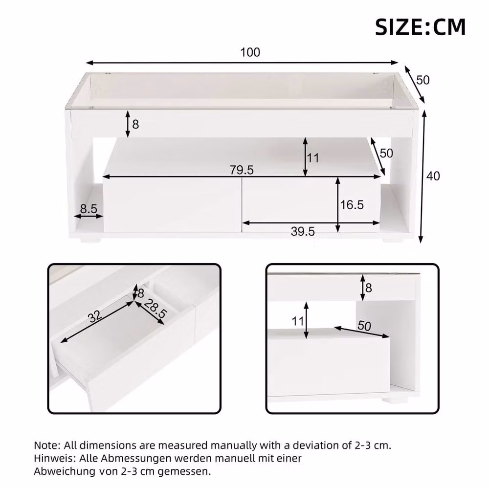 VOGREX White Glossy Coffee Table with LED Lights, Glass Top and 2 Storage Drawers, W: 100 cm, D: 50 cm, H: 40 cm – 2