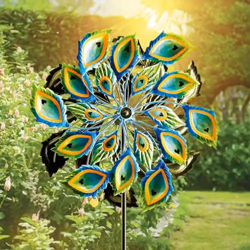 mysmartbuy Peacock Feather Wind Spinner, Multicolour Metal Kinetic Garden Sculpture, H 90 x W 35 x D 15 cm