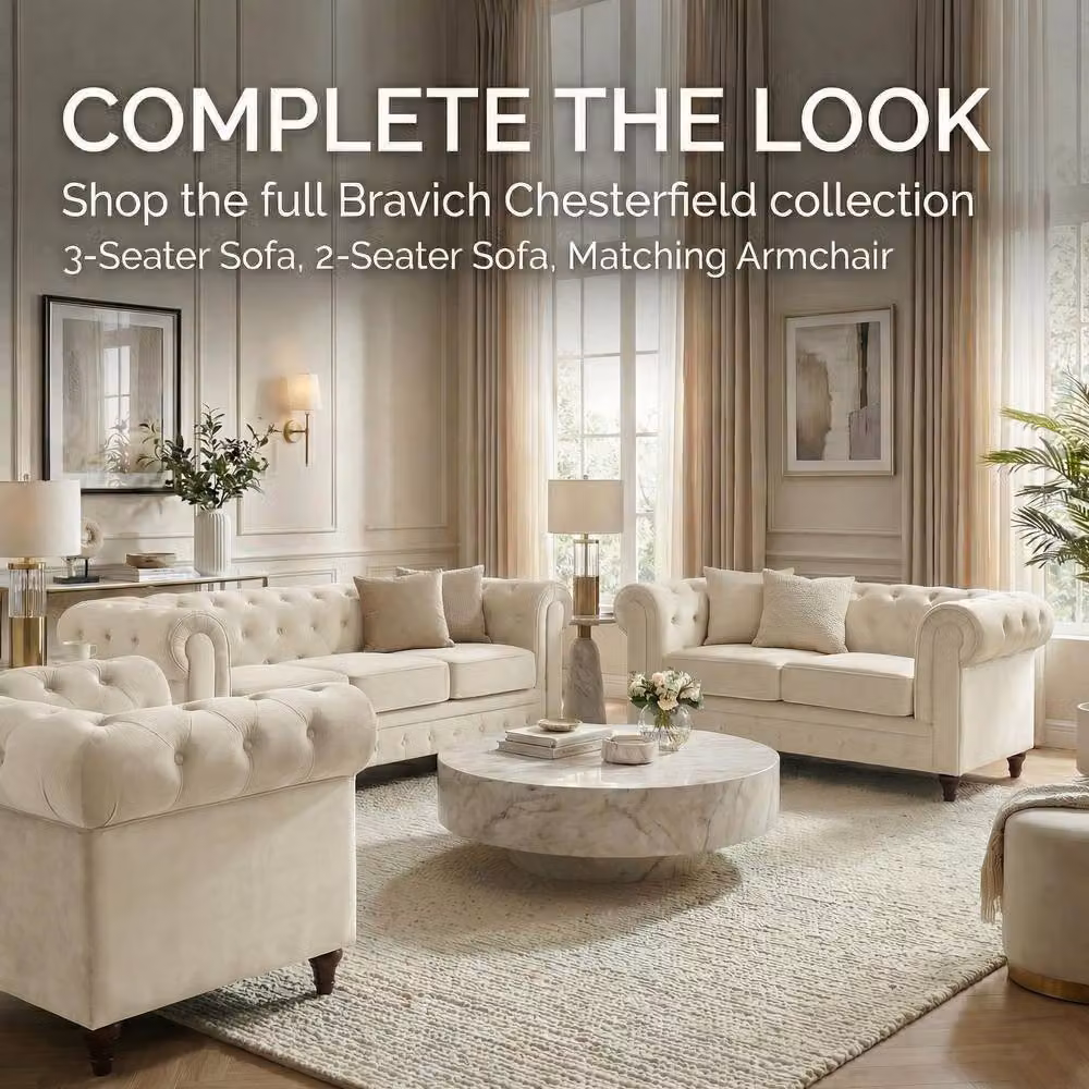 Bravich LTD Chesterfield Scroll Arm Velvet Sofa with Buttoned Back in Beige, 2 Pack – 3
