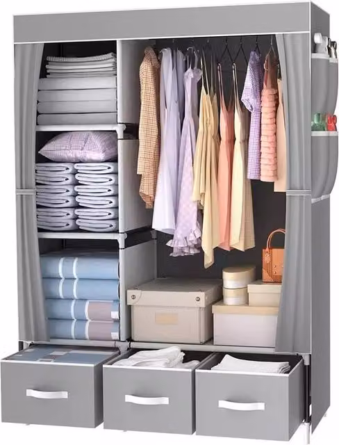 KORVIXA Grey Fabric Canvas Wardrobe with Hanging Rod and Roll Shutter Doors, W/D/H: 100 x 100 x 100 cm