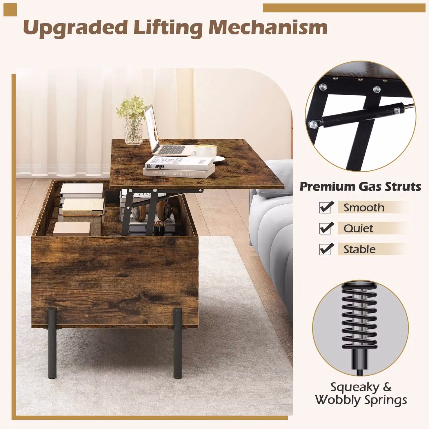 Gymax Modern Brown Lift-top Coffee Table with Metal Legs and MDF Laminate Finish – 3