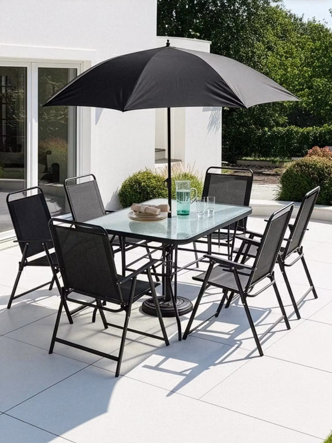 Cheap Furniture Warehouse Santa Cruz 8 Piece Black Garden Dining Set with Glass Top Rectangular Table and Chairs