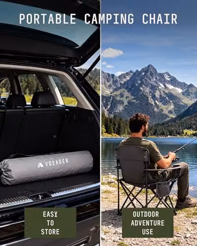 Voyager 2 Pack Folding Camping Chairs with Armrests and Cushions in Black and Grey – 8