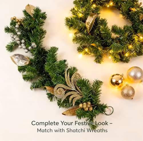 SHATCHI 200cm Christmas Garland with Silver and Gold Berries, Eucalyptus Leaves and Pine Needles – 7
