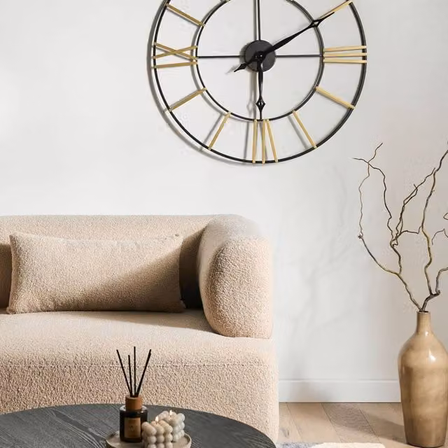 Wyld and Coco Vintage Metal Round Wall Clock in Black and Gold, Diameter: 80 cm