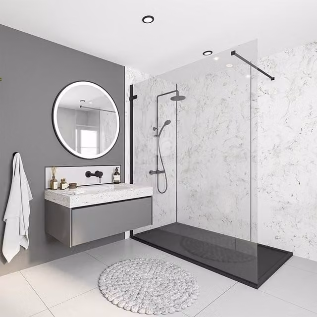Wetwall Alloy Roman Marble Shower Wall Panel in White and Grey, Width: 60 cm