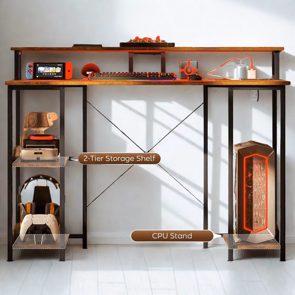 FURNOS Industrial Computer Desk with USB Outlets and LED Lights, Brown, W: 120 cm, D: 60 cm, H: 76.7 cm – 3