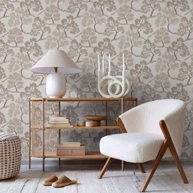Graham & Brown Sublime Tree Floral Vinyl Wallpaper in White, Gold and Beige, Width: 52 cm