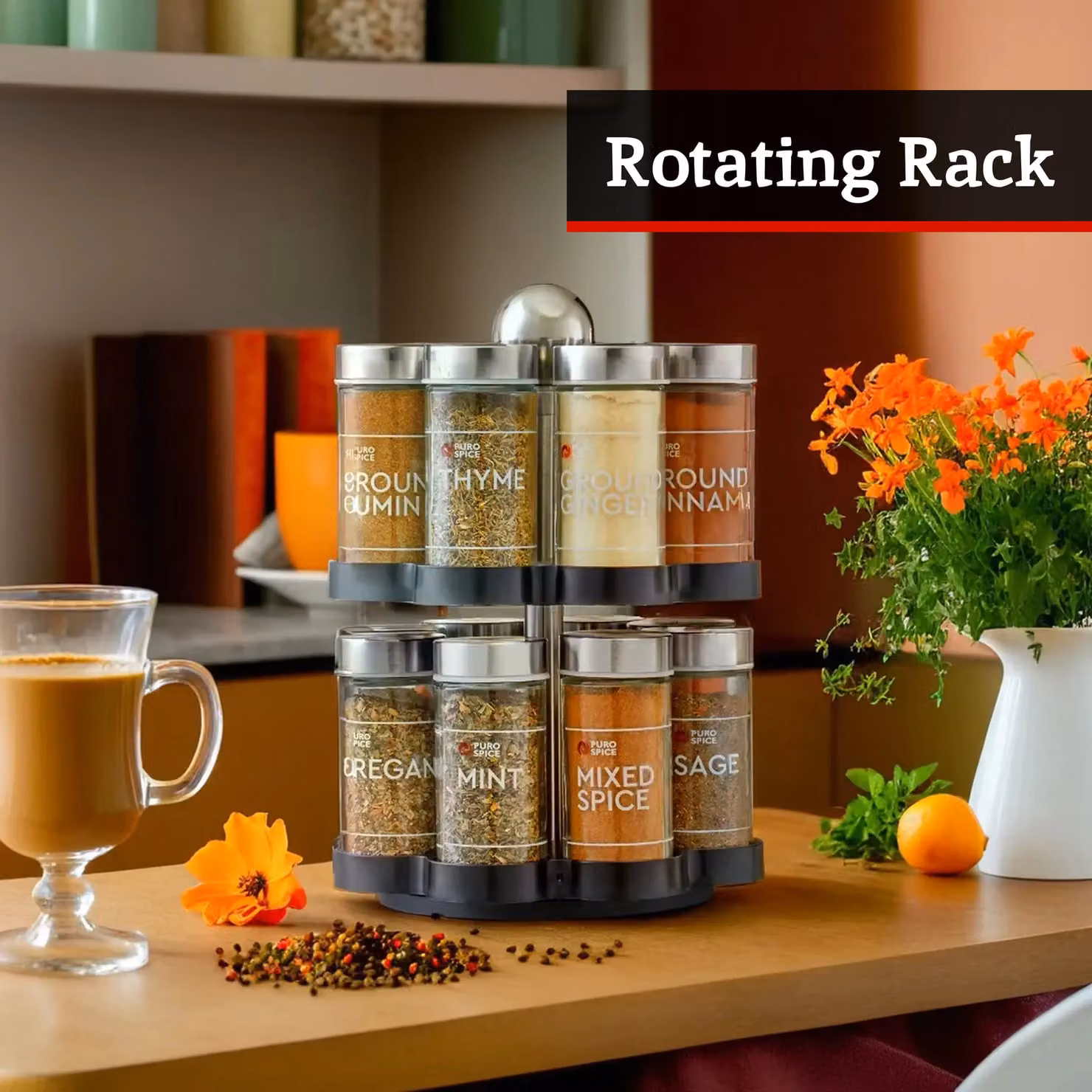 Orsina Revolving Black and Chrome Effect Spice Rack with 16 Jars and Stainless Steel Lids – 2