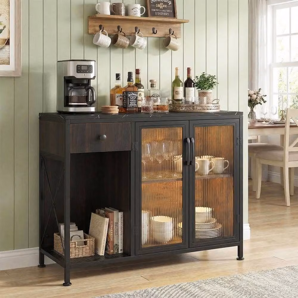 Gymax Black Buffet Sideboard with Integrated LED Lighting and Power Outlets – 8