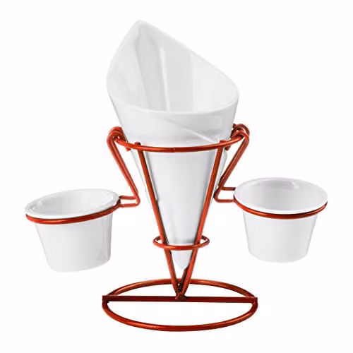 Premier Housewares French Fry Cone with Stand and 2 Dip Dishes, White and Red