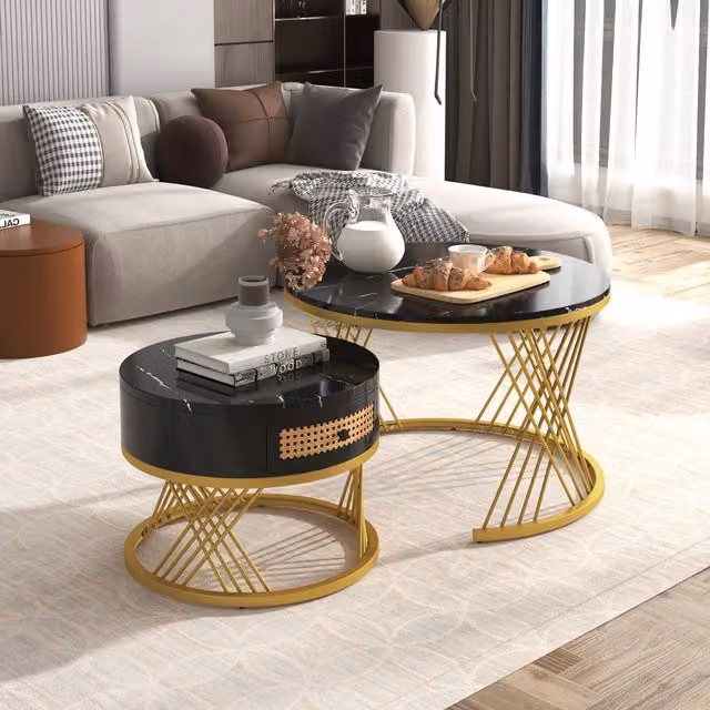 Aosom.UK 2-in-1 Nesting Coffee Table with Marble Grain Veneer Top and Rattan Drawers, Black and Gold, W/D/H: 70 x 70 x 45.5 cm
