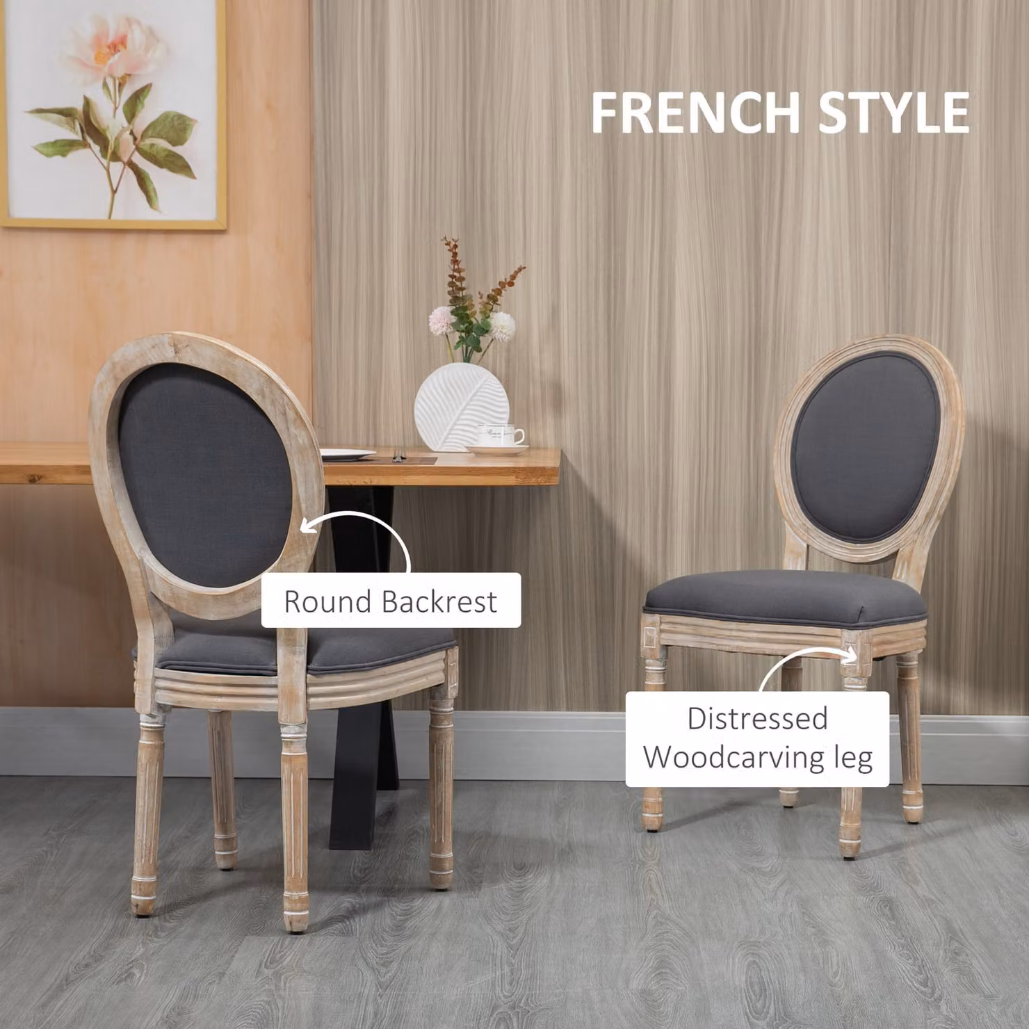 HOMCOM Set of 2 French-Style Dining Chairs in Grey Linen-Touch Upholstery with Rubberwood Legs – 4