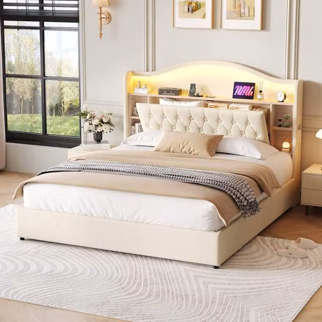 BTM Curved Upholstered King Size Bed with Storage, USB Charging and Under-Bed Lighting in Linen Beige, W/D/H: 180 x 200 cm