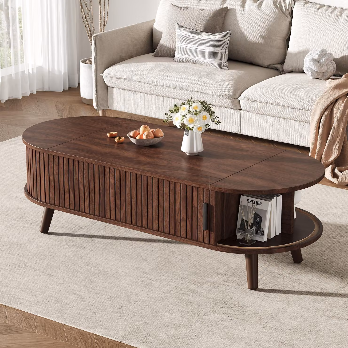 Aosom UK Oval Lift-Up Coffee Table with Roller-Shutter Doors and Solid Wood Legs, Brown, W: 120 cm, D: 50 cm, H: 39.5 cm – 6