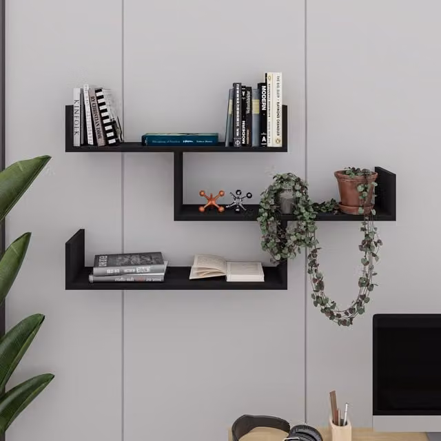 Decortie Tibet Wall-Mounted Modern Bookcase Display Unit in Black Wood, Width: 120 cm – 1