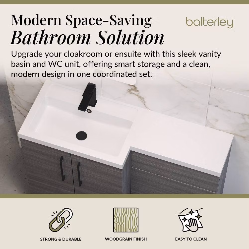 Balterley Modern Left-Hand Vanity and WC Unit Combination in Matt Anthracite Grey Woodgrain, W: 110 cm – 2