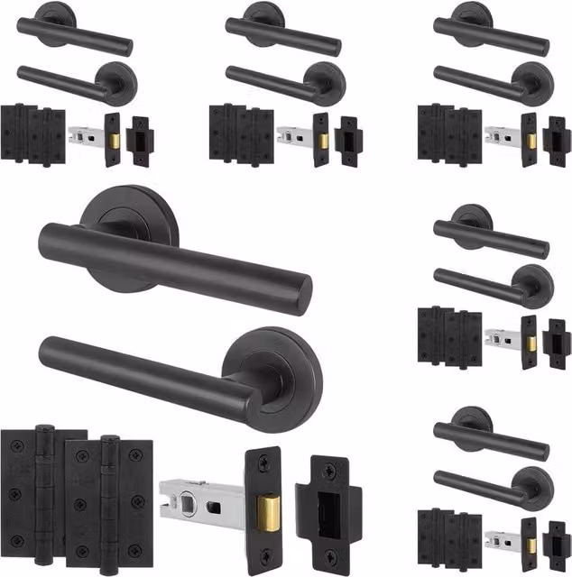 AFIT Black T-Bar Door Handles with Round Rose and Latch Hinges, 6 Pack